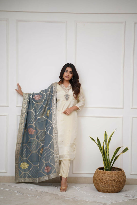 The52 Off White Beautiful Embroidered Viscose Chanderi Fabric Straight Kurta Pant with Dupatta Set - Swadesiicart