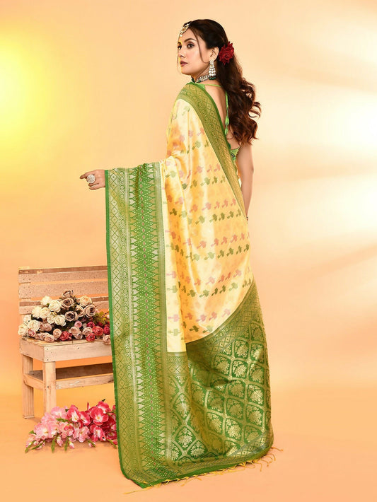 Joban Fashion Light Yellow & Parrot Green Plain With Weaving Border Banarasi Silk Sarees | Swadesiicart