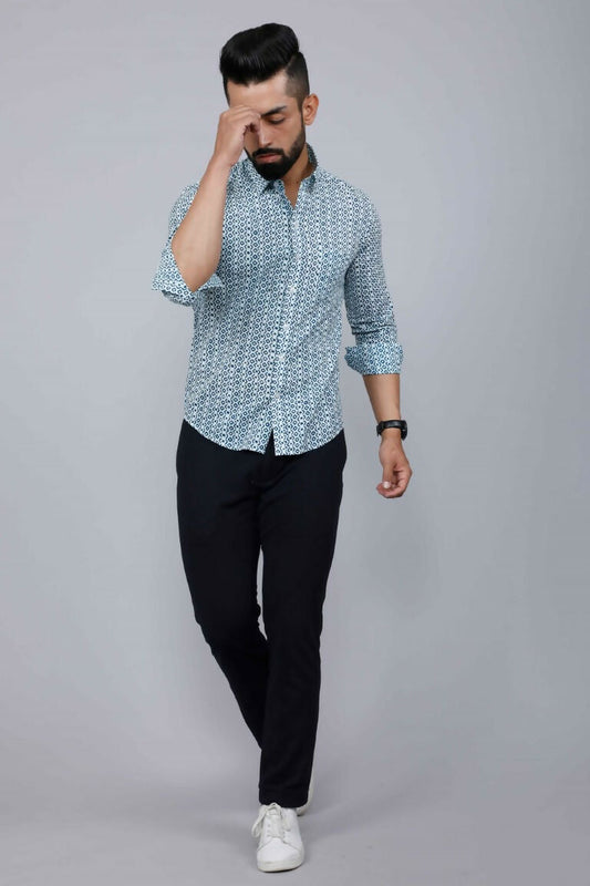 Miravan Men's White & Blue Premium Cotton Floral Print Casual Shirt | Swadesiicart