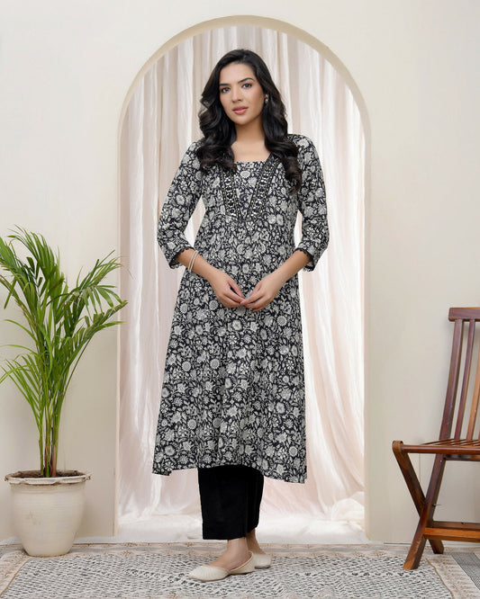 Vaasvablack Floral Cotton Printed Gathered Kurti With Pant | Swadesiicart