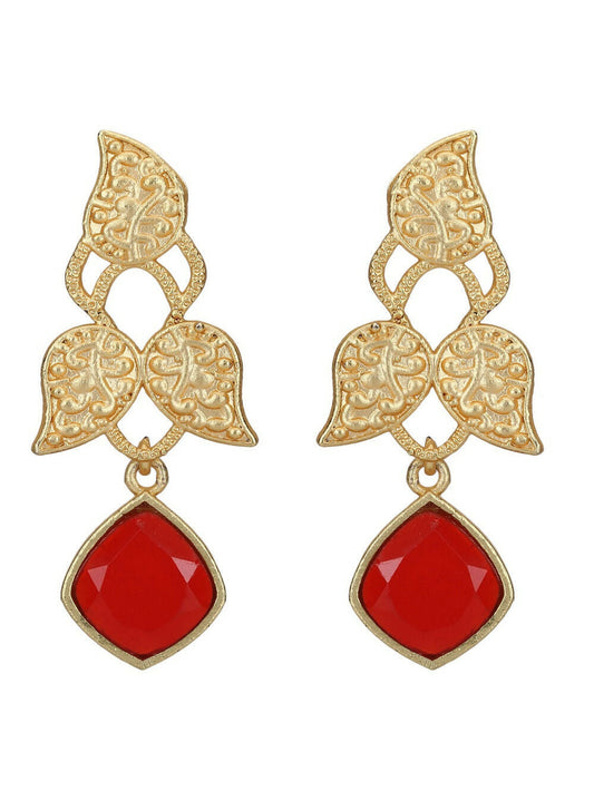 Joban Fashion Women Red Stone Matte Gold Earrings | Swadesiicart