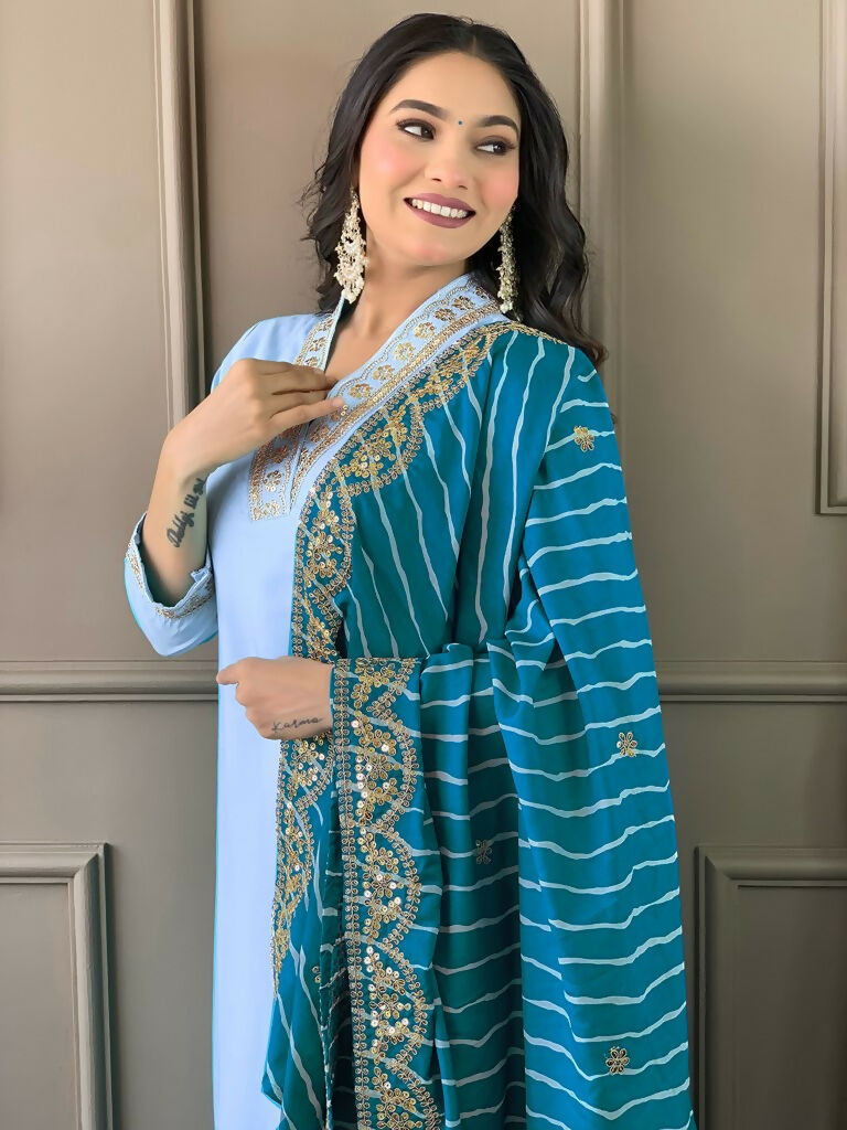 Partywear Designer Viscose Silk Blend Sky Stitched Suit With Dupatta - Tanisha | Swadesiicart