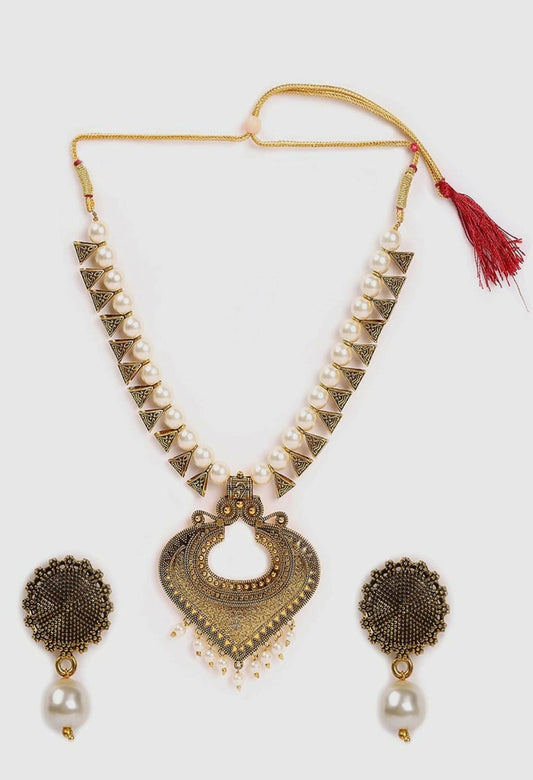 Mominos Fashion Joharkamal Oxidised Gold-Polished Pearls Work Long Necklace Handicraft For Women & Girls | Swadesiicart