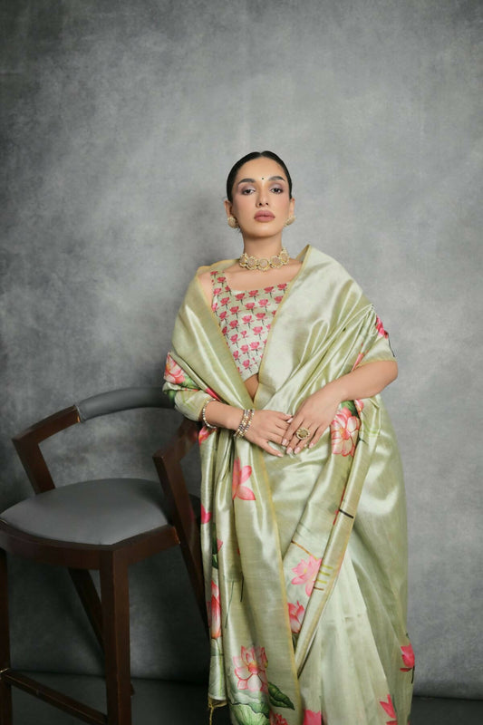 Vishnu Weaves Women's Pista Soft Tussar Silk Printed Saree with Blouse - Swadesiicart