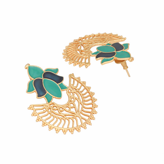 Nuyug 22K Gold Plated Turquoise Enamel Studded Indo-Western Floral Jali Statement Stud Earrings | Swadesiicart