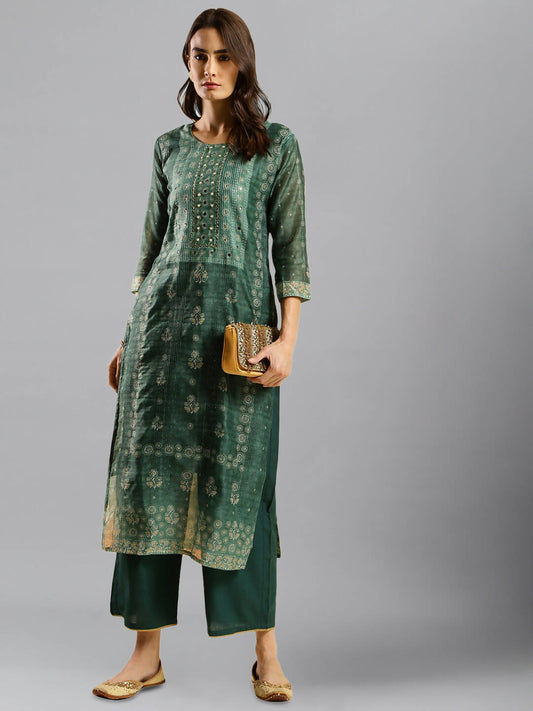 Sea Green Chinon Digital Printed With Hand Work Kurta - Himanshi - Swadesiicart