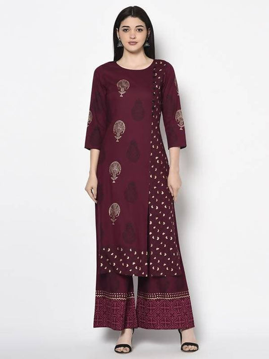 Aniyah Rayon Wine Color Block Print Straight Kurta (AN-175K) - Swadesiicart