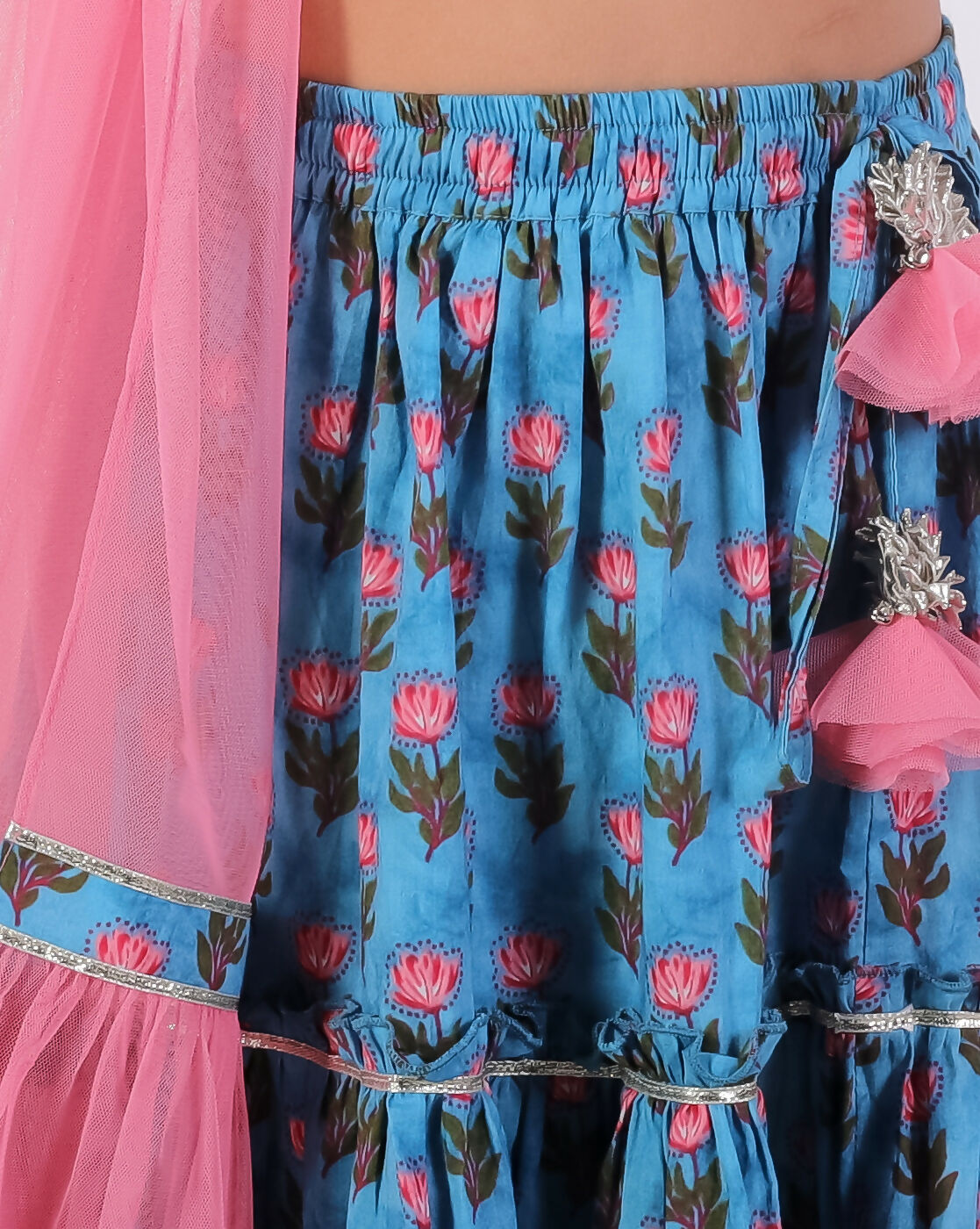 Lil Drama Jaipur Print Stylish Cotton Lehanga with Choli and Net Dupatta Set for Girls - Blue