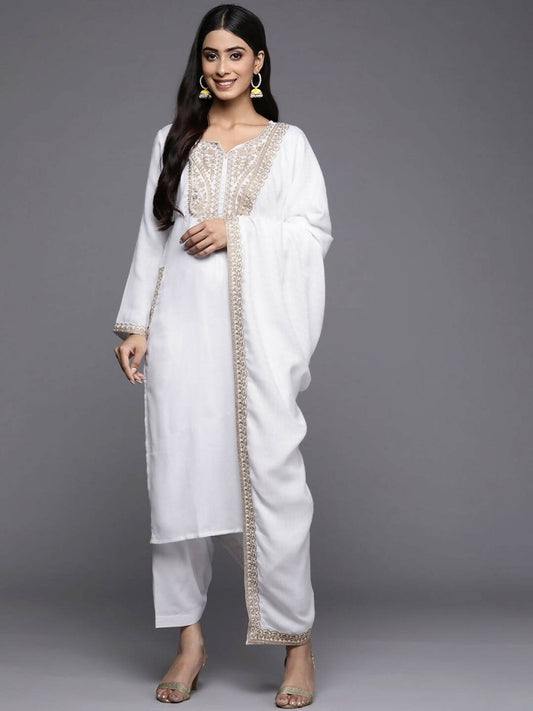 Ahalyaa Women White Ethnic Motifs Embroidered Aari Work Pashmina Kurta with Salwar & With Dupatta | Swadesiicart