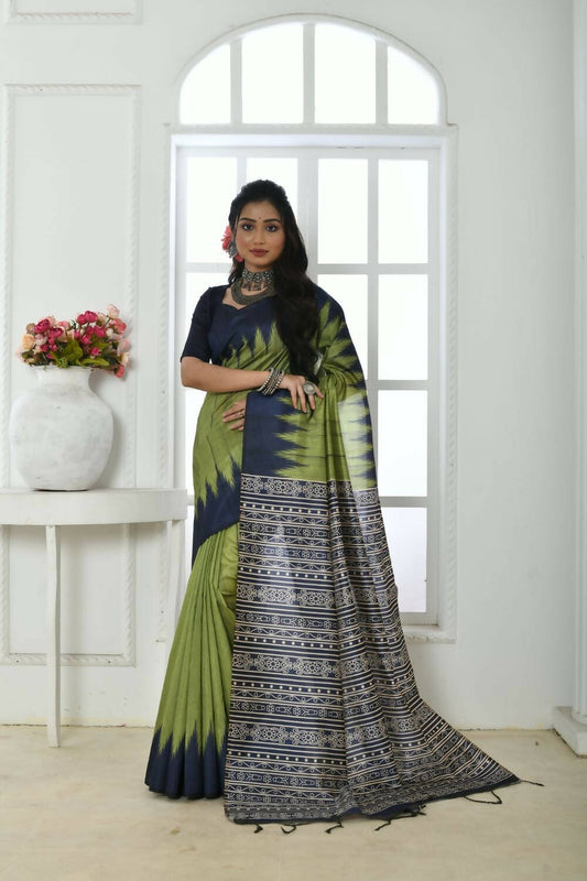 Vishnu Weaves Women's Olive Tussar Silk Temple Print Saree with Blouse - Swadesiicart