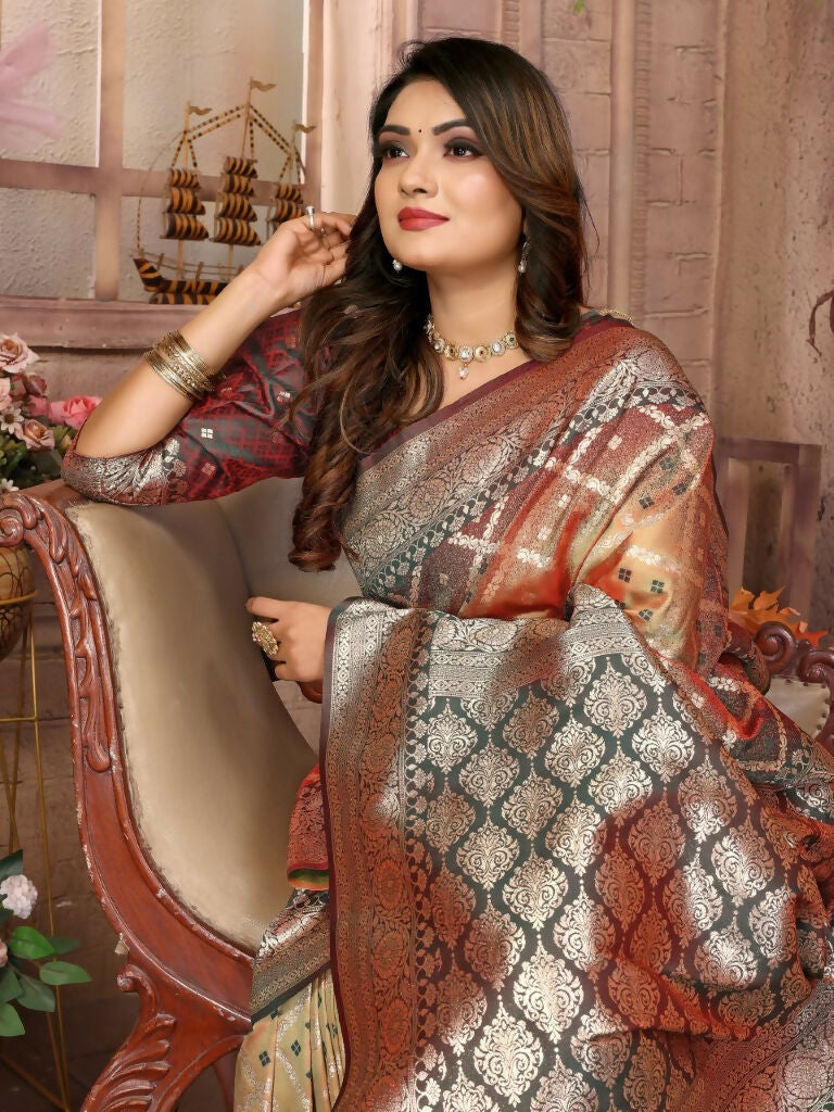 Anaita Brown kochi Silk With Beautiful Checks Weaving Saree With Blouse