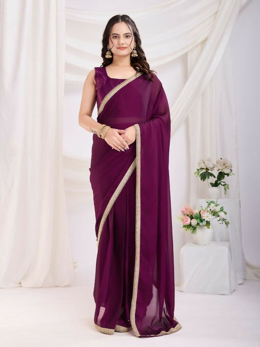 Purple Rangoli Silk Solid, Lace Border Ready To Wear Saree - Kashvi | Swadesiicart