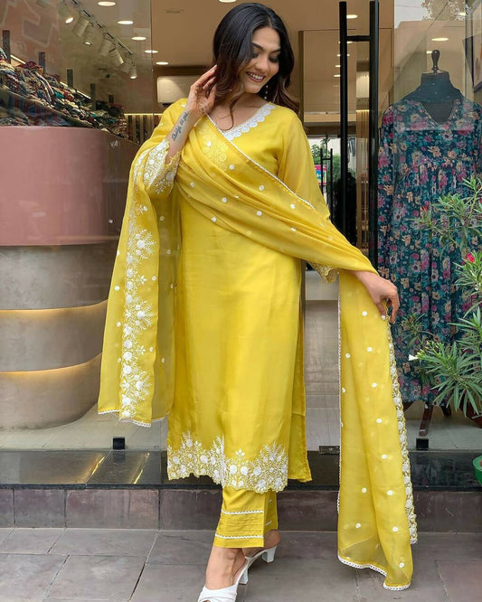 The52 Yellow Women's Gorgeous Embroidered Georgette Fabric Straight Kurta Pant with Dupatta Set - Swadesiicart