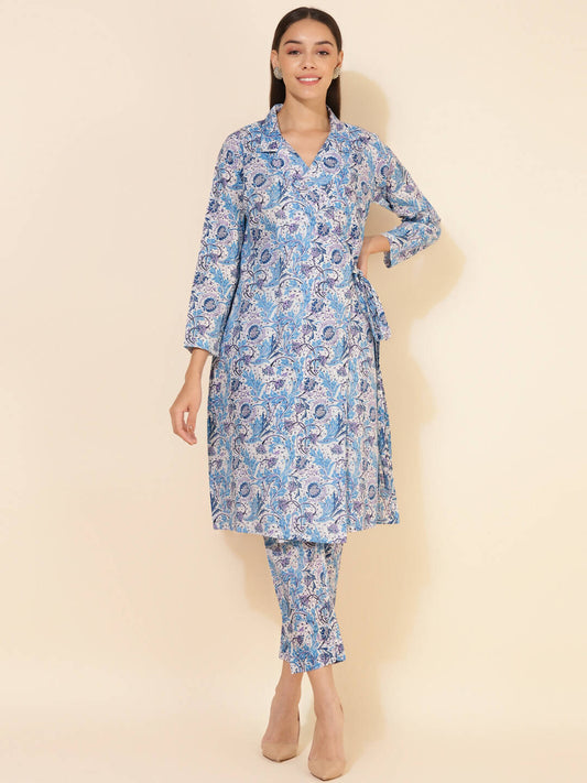 Janasya Women's White Cotton Floral Printed Casual Wrap Style Co-ords - Swadesiicart