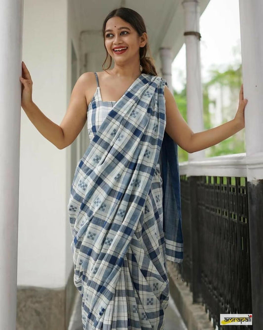Exclusive Collection Beautiful Check Blue Pure Cotton Woven Handloom Saree With Running Blouse Piece - Swadesiicart