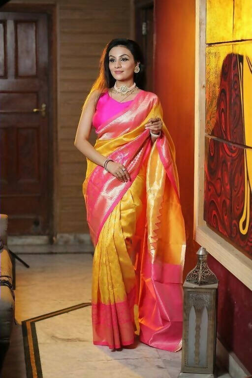 DEIANA'S Beautiful Designer Golden zari Soft Lichi Silk Saree - Yellow - Swadesiicart