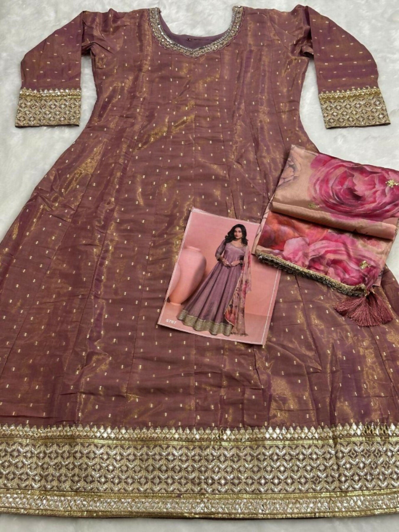 Anaita Brown Shimmer Stitched Anarkali Suit with Sequins Embroidery Foil Stitch Work