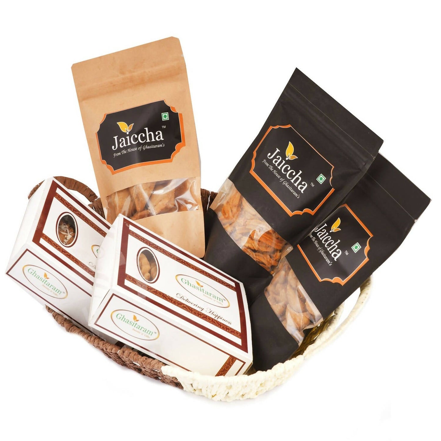 Ghasitaram Brown Basket of Traditional Gujiyas, Dry Sweet Gujiyas, Gujiya Namkeen, Soya Sticks, Farsaan Samosa & Flavoured Almonds Pouch - Altcheeni