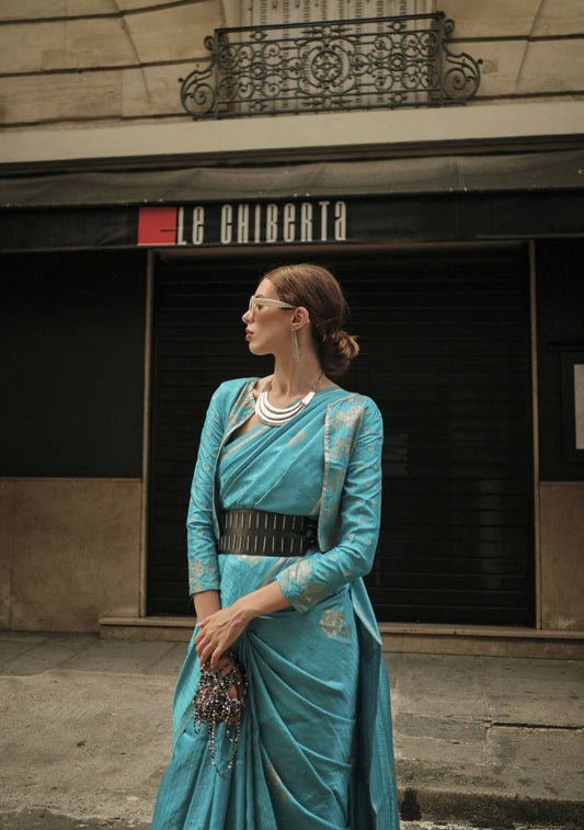 Firozi Blue Weavead Thread & Zari Work, Handloom Weaving Banarasi Satin Silk Saree - Rajtex Kronicle Silk - Swadesiicart