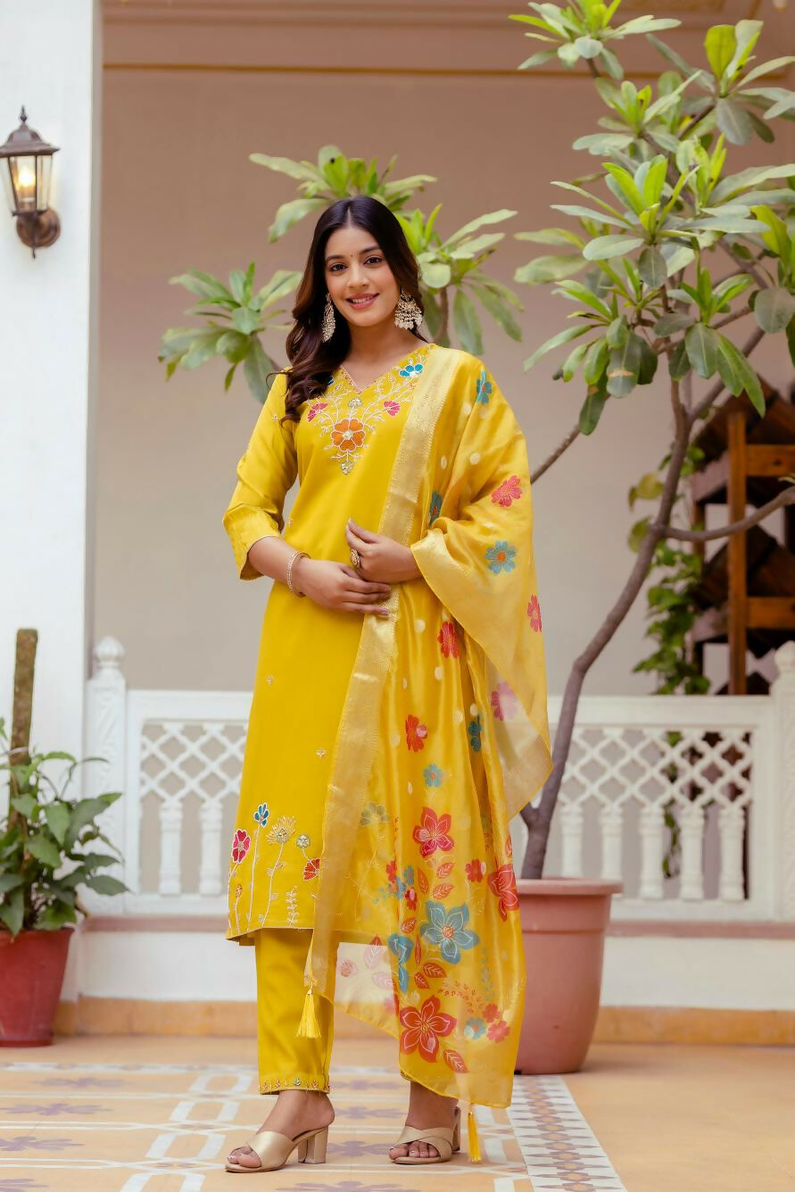 The52 Yellow Women's Gorgeous Embroidered work Viscose Gadhwal Fabric Straight Kurta, Pant and Dupatta Set - Swadesiicart