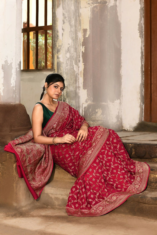 Joban Fashion Hot Pink Crepe Chiffon Banarasi Pure Handloom Banarasi Silk Saree | Swadesiicart