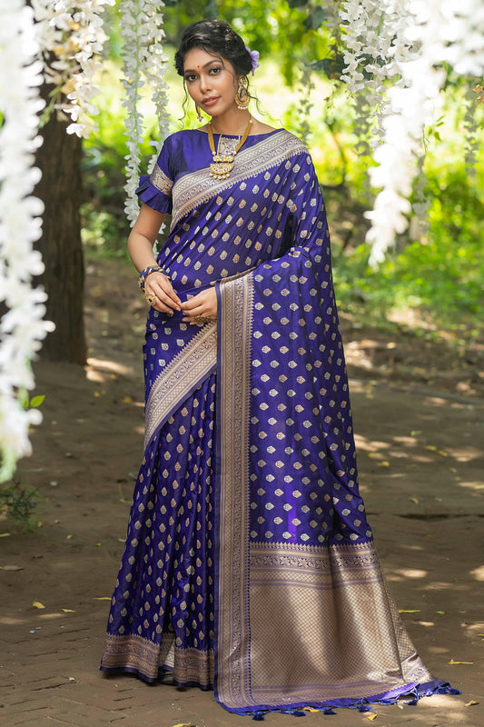 Vishnu Weaves Women's Royal Blue Banarasi Silk Zari Woven Saree with Unstitched Blouse - Swadesiicart