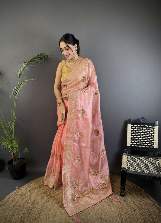 Joban Fashion Baby Pink Handloom Banarasi Organza Silk Khatali Butta Work Saree | Swadesiicart