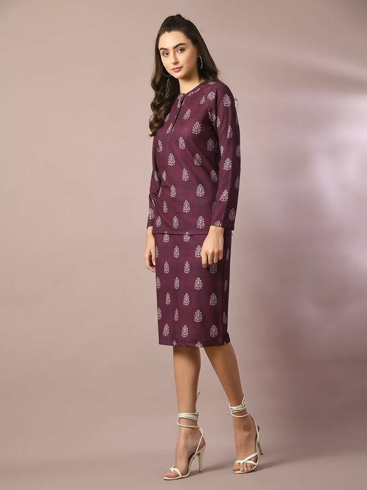 Myshka Women's Magenta Printed Round Neck Party Top With Skirt Co-ord set - Swadesiicart