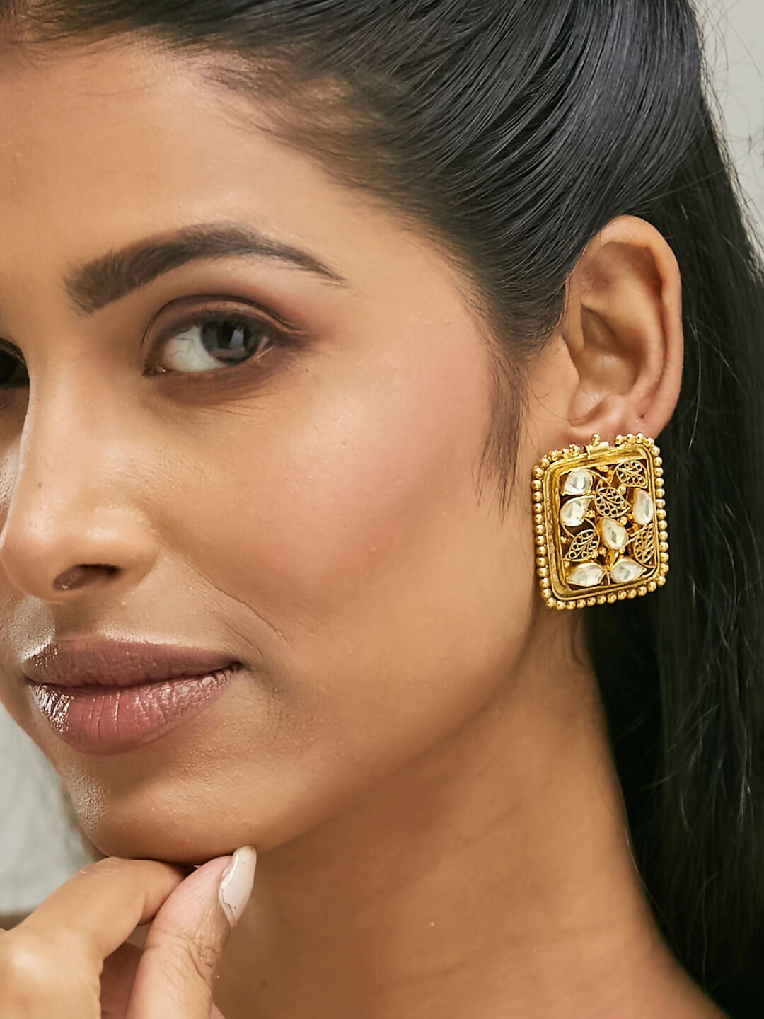 Nuyug 22K Gold-Plated Kundan & Filigree Concept Rectangular Leafy Studs | Swadesiicart