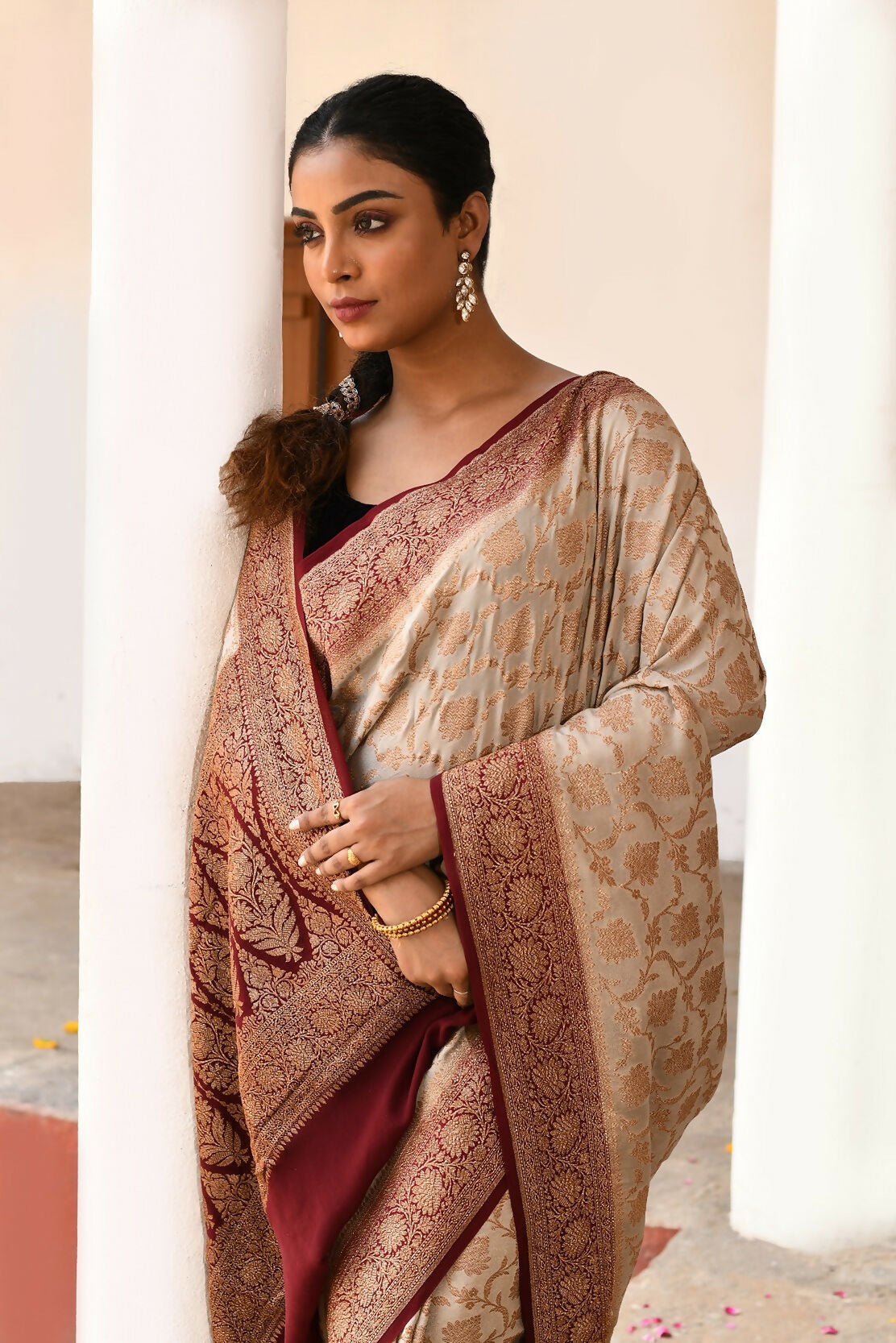 Joban Fashion Crème Crepe Chiffon Pure Handloom Banarasi Silk Saree | Swadesiicart