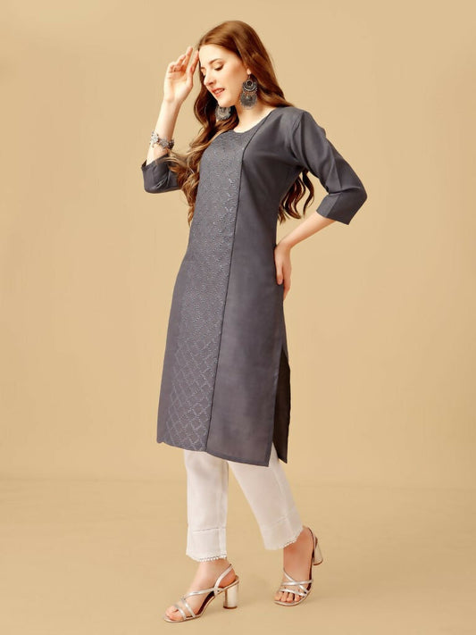 Jyoti Fashion Women's Grey Cotton Blend Embroidered Kurta Pant Set
