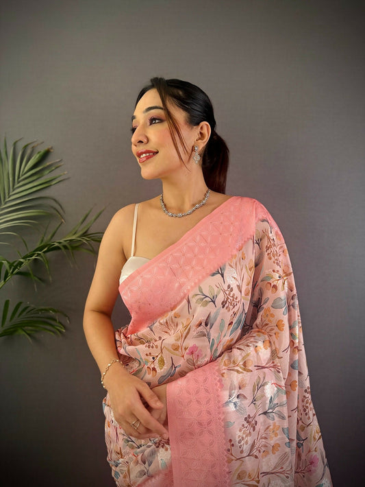 Joban Fashion Rose Pink Floral Motifs Banarasi Silk Sarees | Swadesiicart