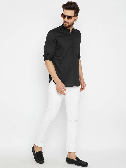 Even Apparels Black Pure Cotton Men's Kurta With Band Collar | Swadesiicart