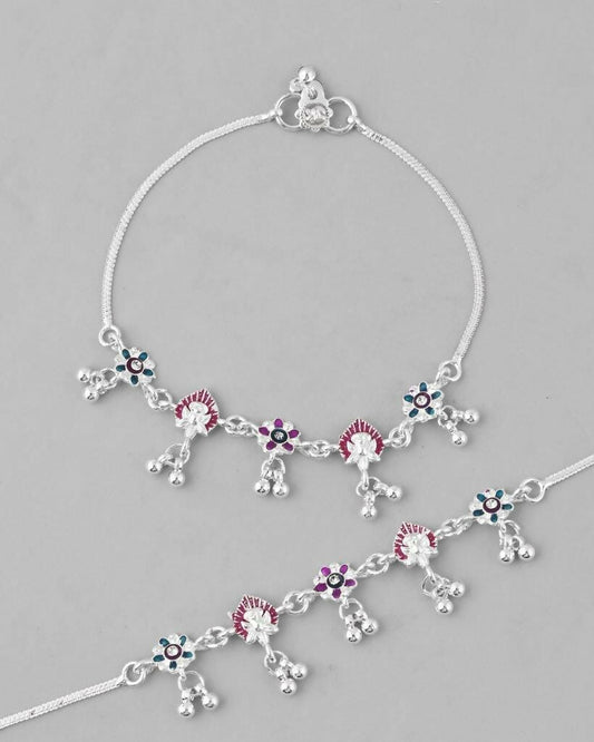VOJ Set of 2 Silver Plated Designer Multi Color Anklet - Swadesiicart