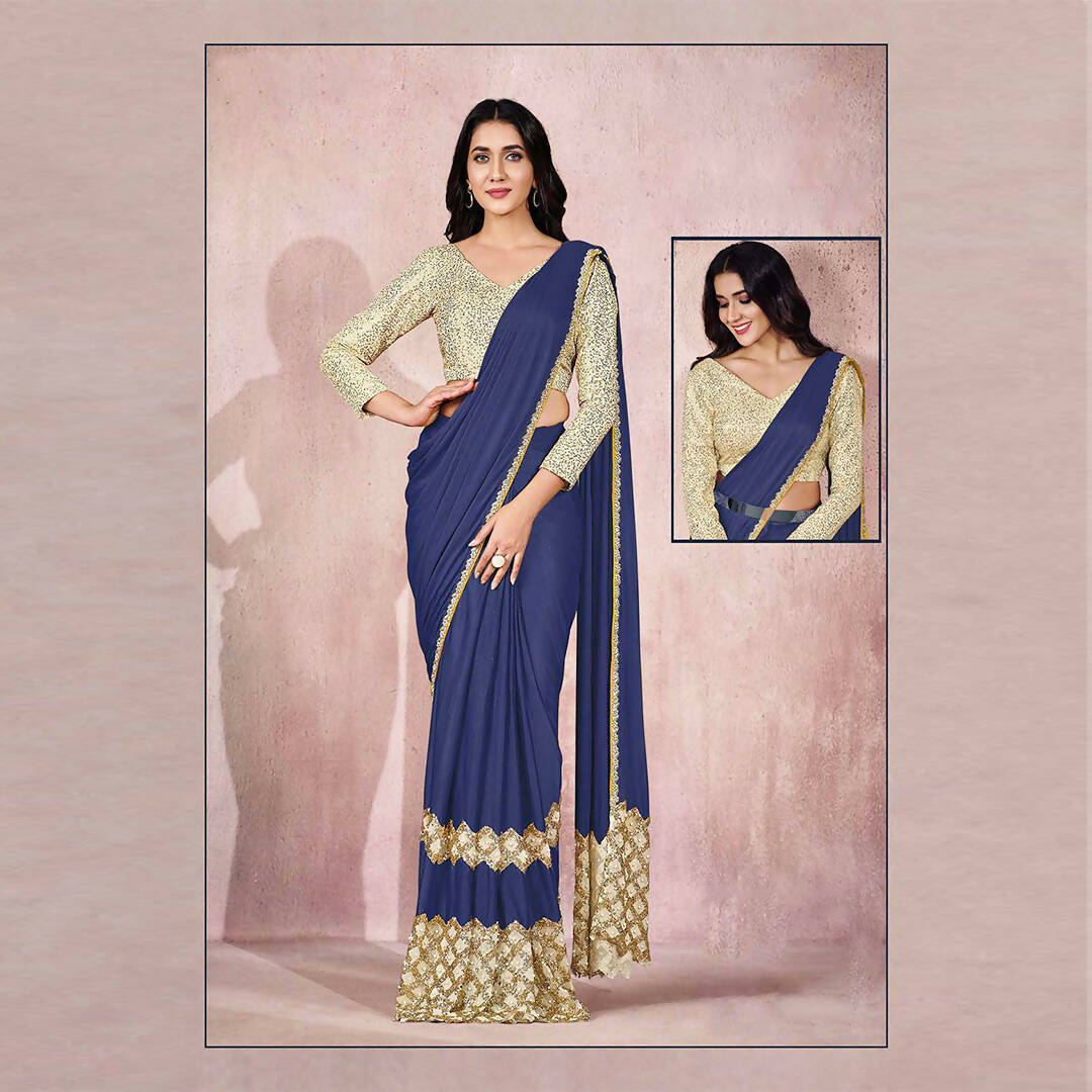 Blue Lycra Embroidery Designer Saree With Blouse - Mohmanthan Sitaarah