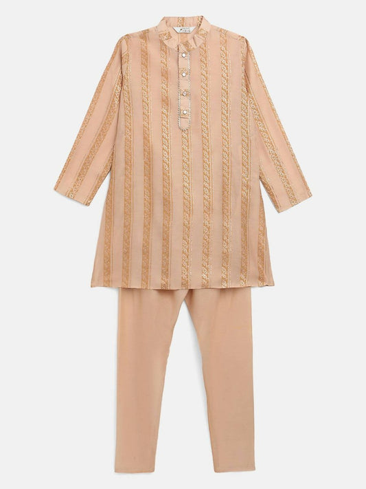 Ahalyaa Beige Chanderi Gold Foil Print Kids Kurta Churidar Set For Boys | Swadesiicart