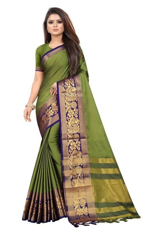 Vamika Banarasi Cotton Silk Weaving Green Saree (DOCTOR MOR GREEN) | Swadesiicart