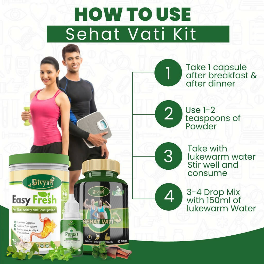 Divya Shree Sehat Vati Capsule, Easy Fresh Powder & Punch Tulsi Drop Combo - Swadesiicart