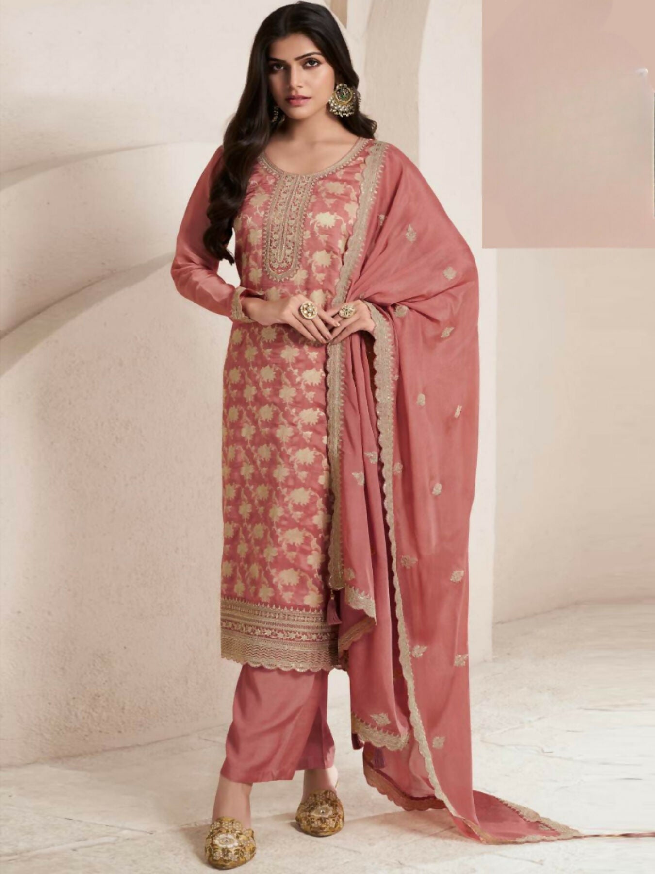 Anaita Peach Viscose Muslin Stitched Suit with Sequence & Zari Work