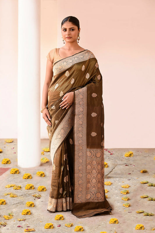 Joban Fashion Olive Green Banarasi Katan Pure Handloom Banarasi Silk Saree | Swadesiicart