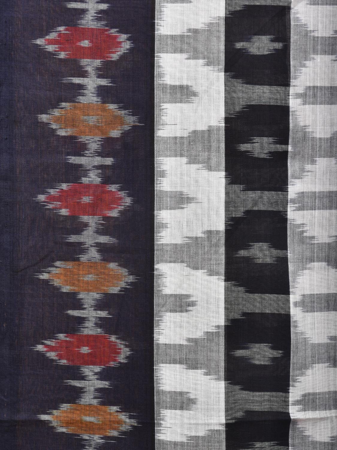 White and Black Pochampally Ikat Cotton Handloom Saree with Strips Design No Blouse - Global Threads | Swadesiicart