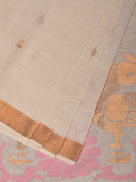 White Khadi Cotton Handloom Saree with Parrots Pallu Design - Global Threads | Swadesiicart