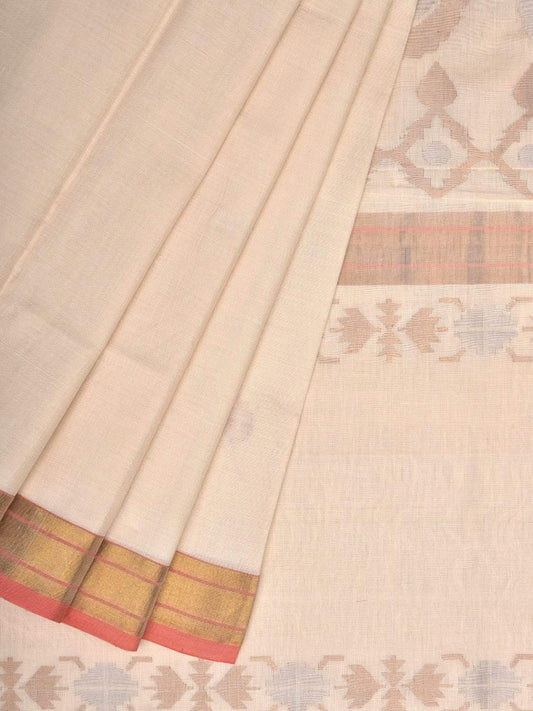White Uppada Cotton Handloom Saree with Mango Design Pallu - Global Threads | Swadesiicart