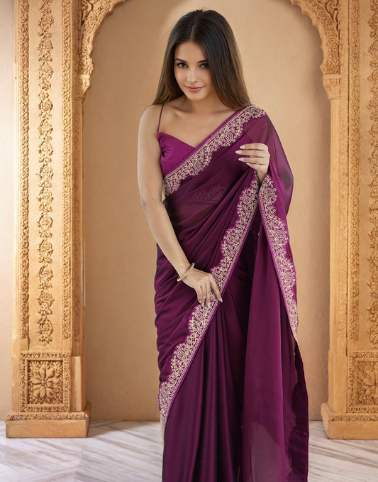 Lorenvalley Fashion Wine Rangoli Silk with Coding Lace Work Saree with Blouse - Swadesiicart