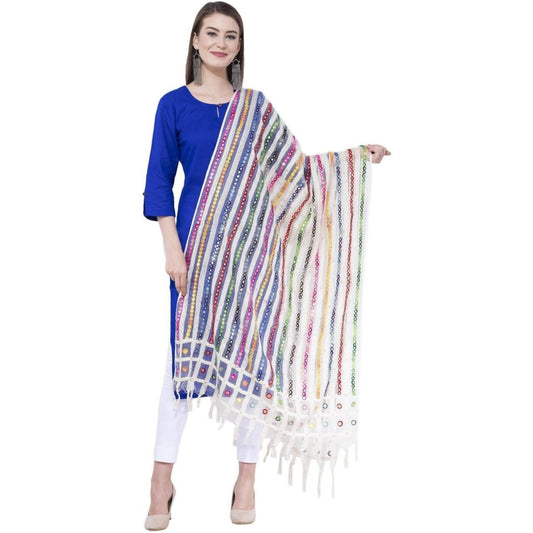 A R Silk Women's Multi Thread Work Orgenza Cotton White Dupattas and Chunnis | Swadesiicart