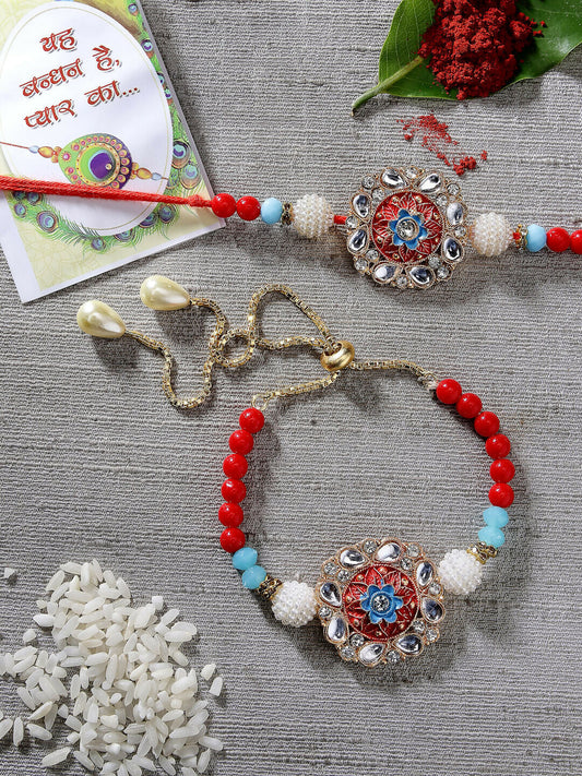 NVR Women & Men Set of 2 Red-colored Stone-Studded & Beaded Bhaiya Bhabhi Rakhi With Roli Chawal & Chocolate | Swadesiicart