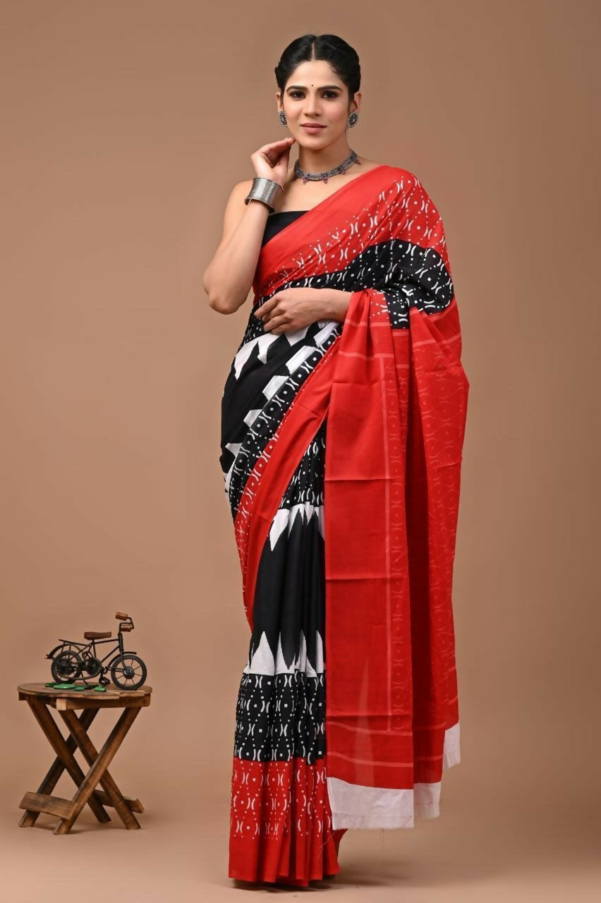Exclusive Collection Black Red White Beautiful Mulmul Cotton Saree - Swadesiicart