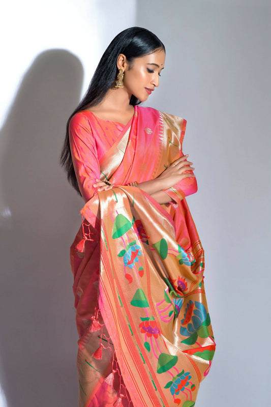 Vishnu Weaves Women's Gajri Paithani Silk Zari Woven Saree with Unstitched Blouse - Swadesiicart
