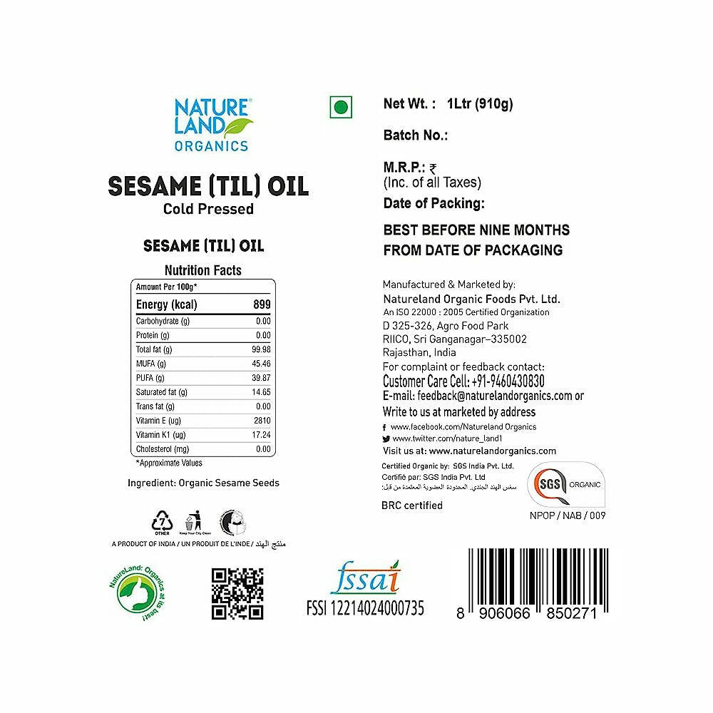 Natureland Organics Sesame Oil - Swadesiicart