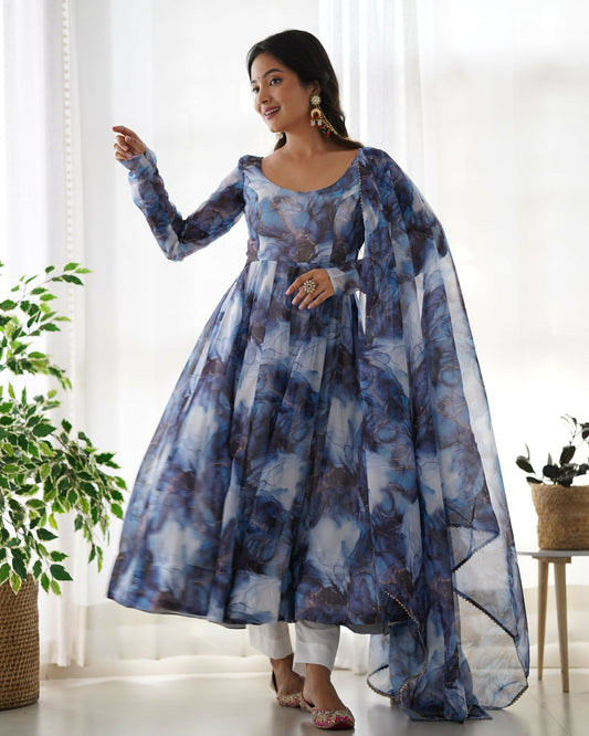 Joban Fashion Navy Blue Kurta Set Organza Sequin Embroidery Work